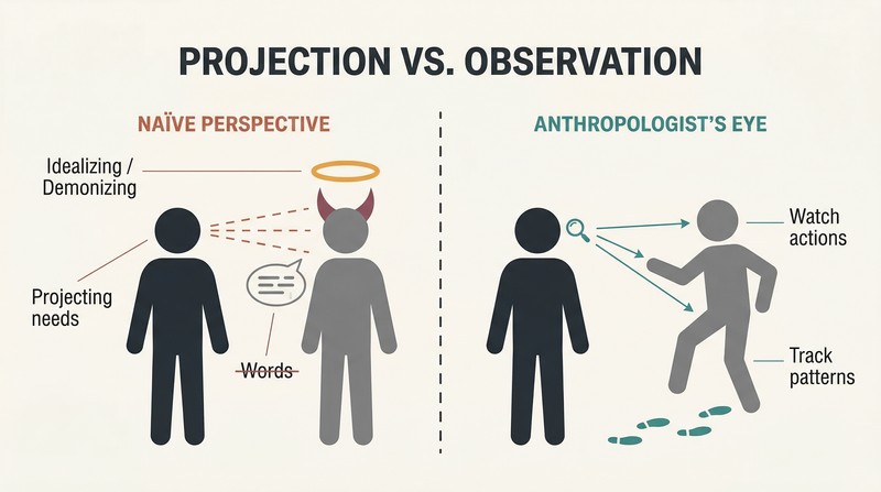 Split panel comparing a projecting observer who sees illusions onto others versus an observing analyst who studies people's actual actions.