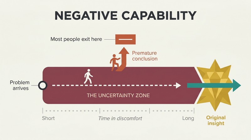 Timeline showing an uncertainty zone where most people exit early reaching a small conclusion while masters persist longer to reach a large original breakthrough.