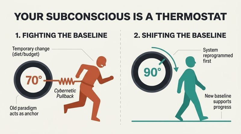 Split-panel diagram showing how a temporary diet or budget is pulled back by an old thermostat baseline, whereas a permanent change is achieved by reprogramming the baseline setting itself.