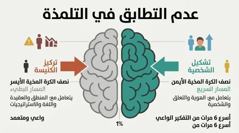 Split-brain diagram showing how traditional church discipleship targets the logical left brain, while actual character formation occurs in the emotional right brain.