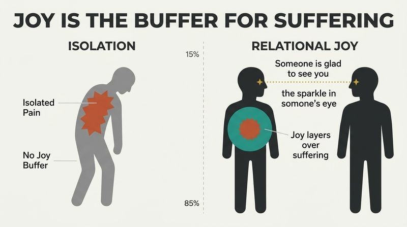 Split-panel diagram showing how isolated pain causes emotional overload, while a relational joy buffer layers over suffering to build resilience.