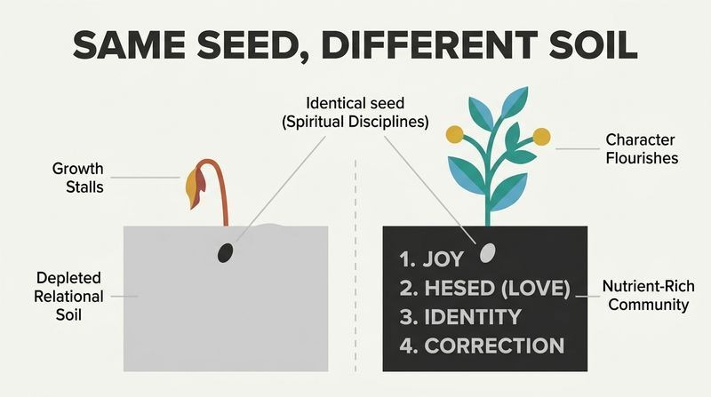 Split diagram showing identical seeds planted in depleted soil and nutrient-rich soil, where only the rich soil produces a flourishing plant.