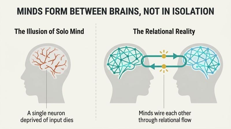 Split panel diagram contrasting a withered, isolated brain on the left with two thriving, interconnected brains exchanging a loop of energy and information on the right.