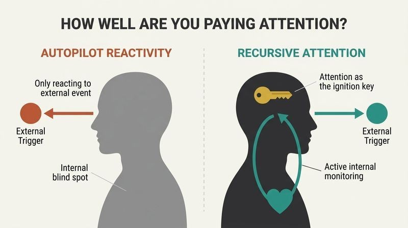 A side-by-side comparison diagram showing reactive autopilot attention versus deep recursive attention that tracks both external triggers and internal emotions.
