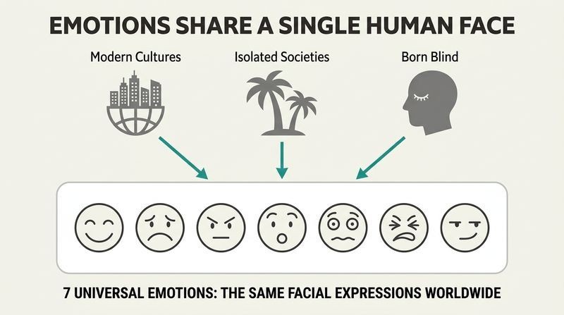 A convergence diagram showing how modern cultures, isolated societies, and blind individuals all express emotions using the exact same seven universal facial expressions.