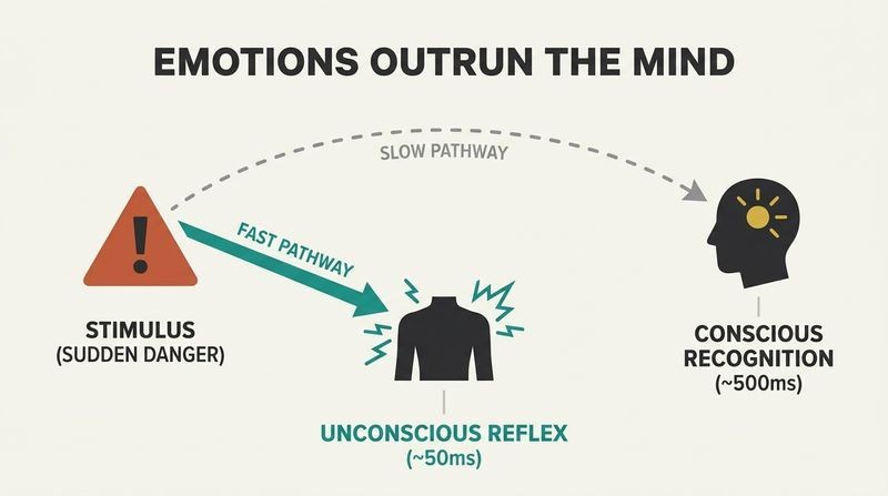 A horizontal dual-path timeline illustrating how a sudden danger triggers an instant unconscious physical reflex long before the signal reaches conscious awareness.
