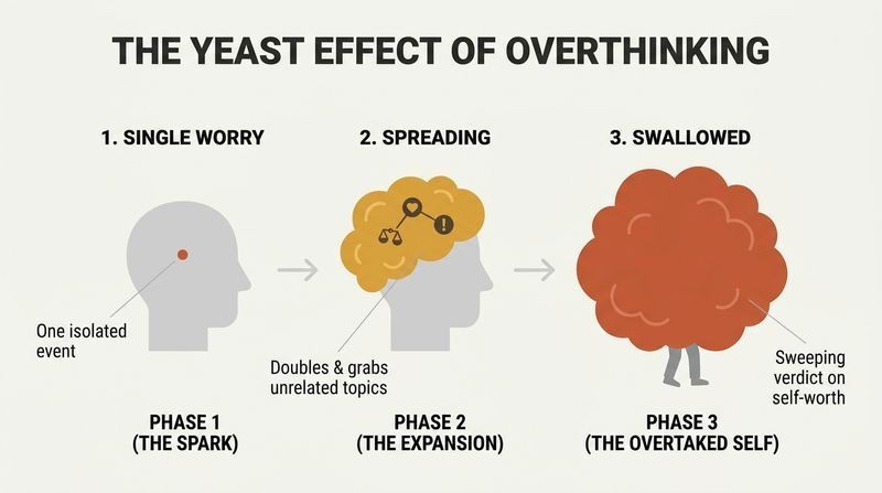 A three-step horizontal progression showing a single tiny worry expanding like rising dough to completely engulf a person in self-doubt.
