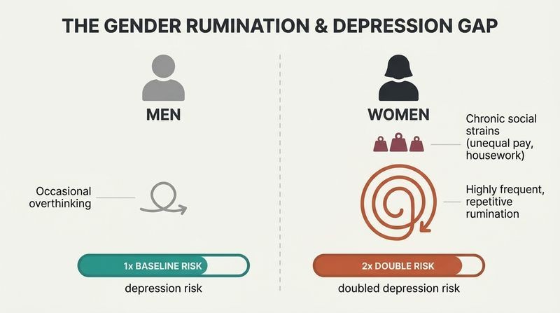 Split comparison diagram showing how chronic social strains trigger higher rates of rumination in women, doubling their risk of depression compared to men.