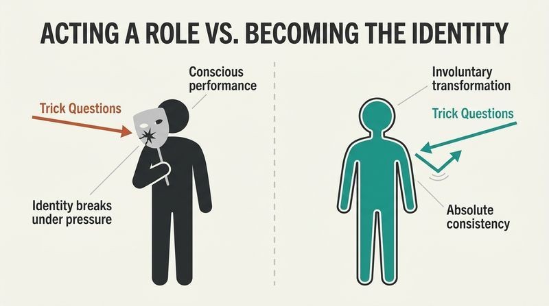 Split-panel diagram showing the difference between conscious acting, which cracks under trick questions, and deep trance somnambulism, where the subject completely becomes the past identity with absolute consistency.
