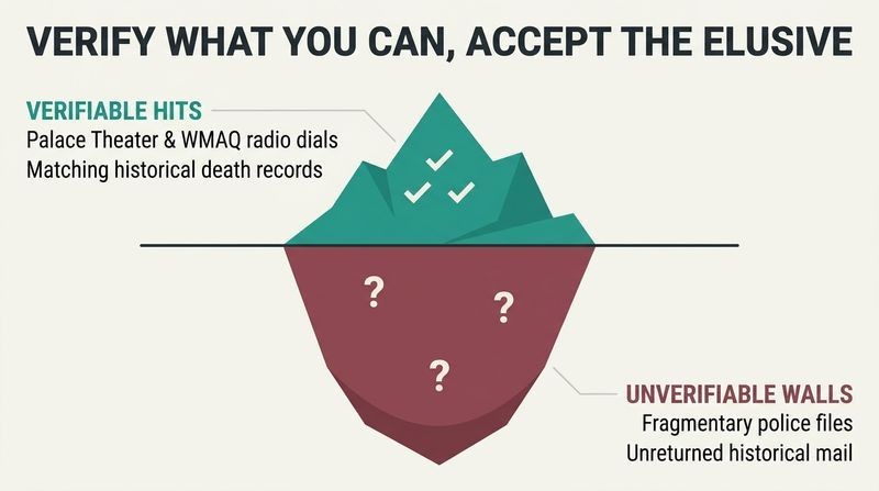 Iceberg diagram illustrating how only a tiny fraction of historical claims can be verified while the vast majority of proof remains lost or inaccessible deep in missing archives.