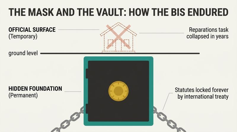 An iceberg-style cross-section showing a small, fragile temporary facade of a reparations office on the surface, while a massive, heavily-fortified permanent vault representing the central bank club lies securely anchored beneath.