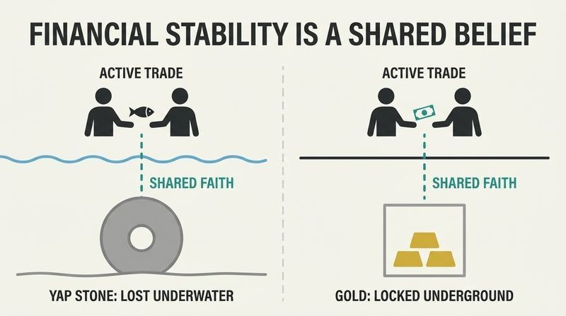 Split diagram comparing stone money underwater on Yap island with gold bars locked underground in a bank vault, showing how both rely on shared faith rather than physical movement to drive trade.