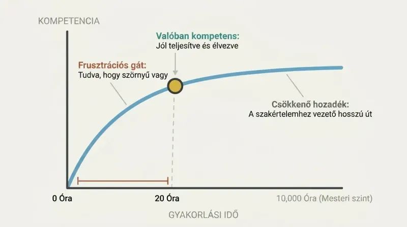 Line graph showing competence rising sharply from zero to twenty hours of practice, breaching the frustration barrier before flattening toward mastery.