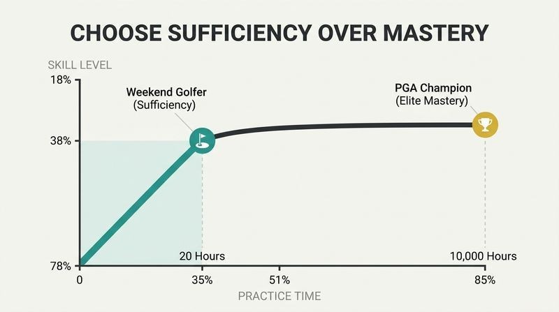 Learning curve graph showing rapid skill gains in the first 20 hours compared to the flat plateau of 10,000 hours required for elite mastery.