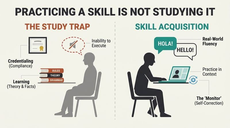 Split panel comparison showing how studying theory and getting credentials results in no real capability, whereas practicing in context results in active, fluent skill acquisition.