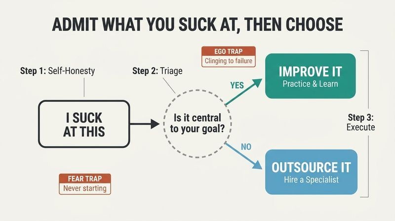 Fork diagram showing how admitting a weakness leads to a decision point: either improve the skill if it is central to your goals, or outsource it if it is not.