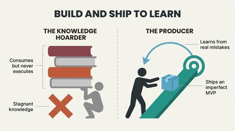 Split panel diagram comparing a knowledge hoarder trapped under unexecuted books with an active producer shipping work to get market feedback.