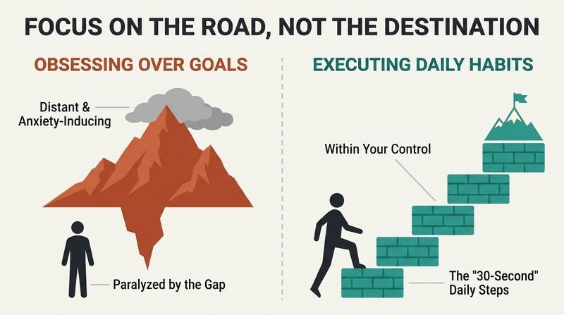 Split panel diagram comparing a paralyzed figure staring at a distant, storm-clouded mountain goal versus an active figure laying a solid brick road of daily habits leading up to a clear summit.