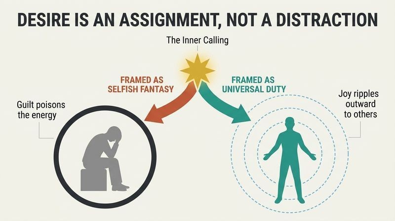 A fork diagram showing how framing a deep desire as a selfish fantasy leads to guilt and isolation, while framing it as a universal assignment generates joy and positive outward ripples.
