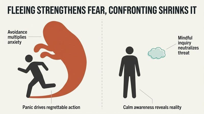 Split panel diagram contrasting the harmful effect of fleeing from fear, which makes the threat grow larger, with confronting fear with curiosity, which makes the threat shrink.