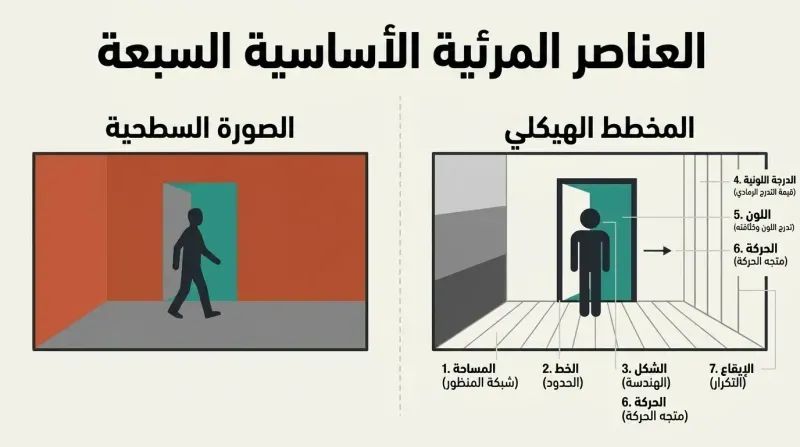 A split-panel diagram showing a finished cinematic scene on the left and its structural blueprint on the right, labeling the seven visual components that make up every image.
