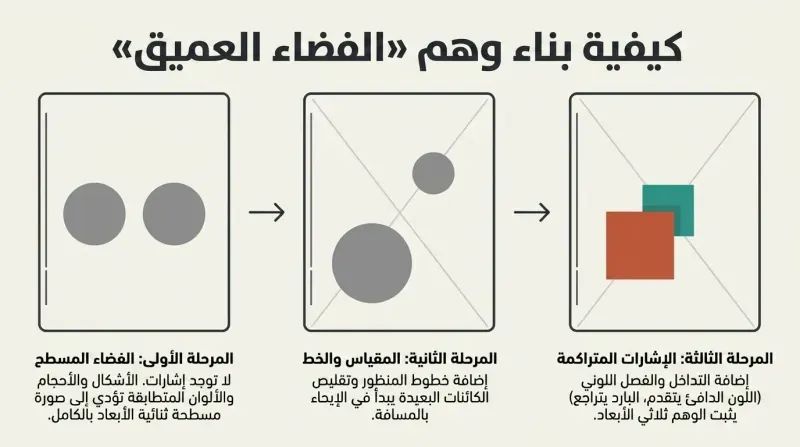 A three-panel diagram showing how flat 2D space transforms into a deep 3D illusion by progressively stacking cues: perspective, scale, overlap, and color temperature.