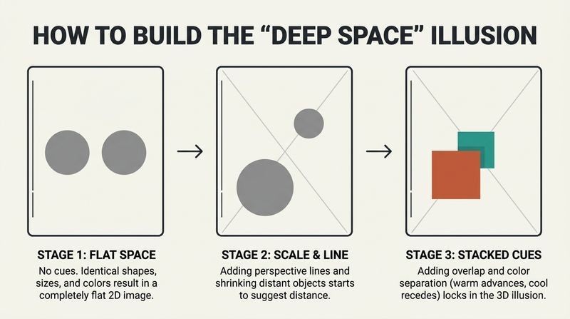 A three-panel diagram showing how flat 2D space transforms into a deep 3D illusion by progressively stacking cues: perspective, scale, overlap, and color temperature.