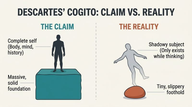 A split-panel diagram contrasting Descartes' massive claimed foundation of self-certainty with the actual, tiny, slippery reality of what is proven.