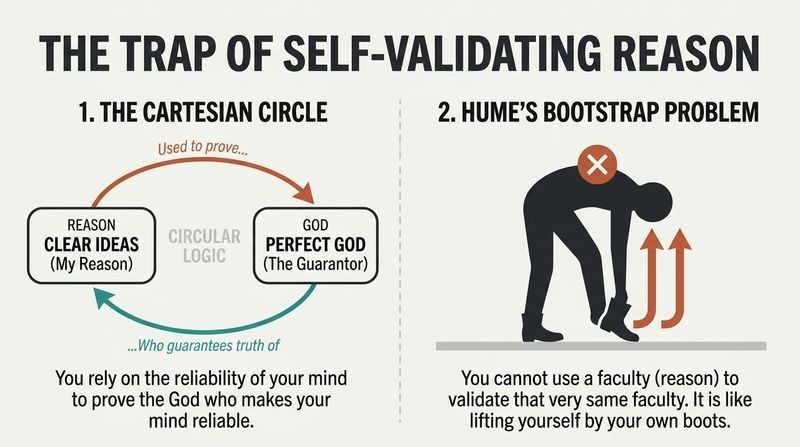 Split diagram showing Descartes' circular loop of reasoning on the left, and Hume's bootstrap metaphor of self-lifting on the right.