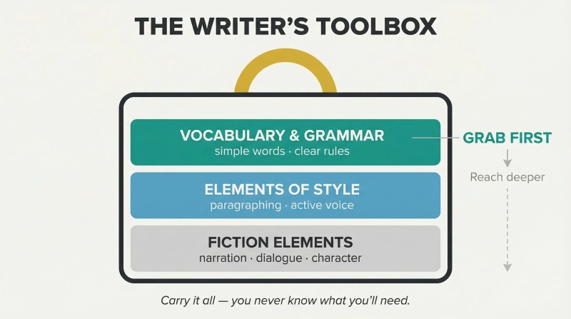 Three-tiered toolbox with vocabulary and grammar in the largest top tray, style elements in the middle, and fiction craft below.