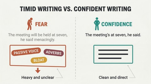 Split panel comparing cluttered, fear-driven prose weighed down by adverbs and passive voice against clean, confident sentences using only "said" and active voice.