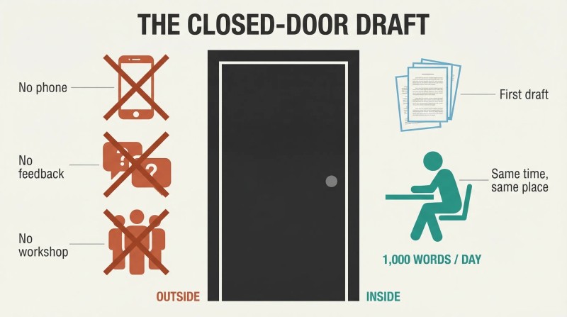 Split panel with a closed door at center separating crossed-out distractions on the left from a writer at a desk with a growing manuscript on the right.