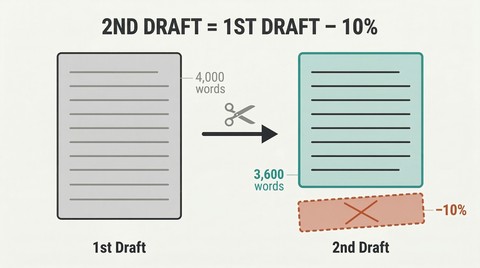 Two manuscript rectangles side by side showing a taller first draft reduced by a visibly cut 10% slice to become a shorter, tighter second draft.