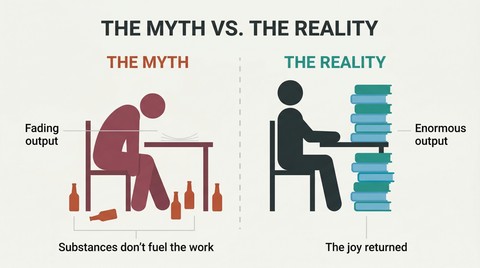 Split panel comparing a slumped figure surrounded by bottles with fading pages against an upright figure at a clean desk with a tall stack of completed books.