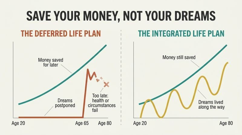 Split panel line graph contrasting the deferred life plan, where postponed dreams expire at retirement, with the integrated life plan, where dreams are lived continuously while saving money.