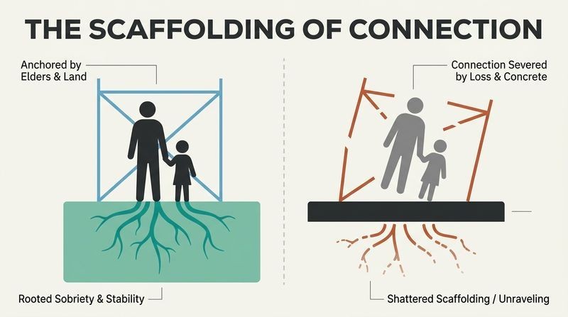 Split-panel diagram showing a family's stability anchored by elders and land on the left, compared to the ungrounded unraveling caused by losing elders and concrete urban isolation on the right.