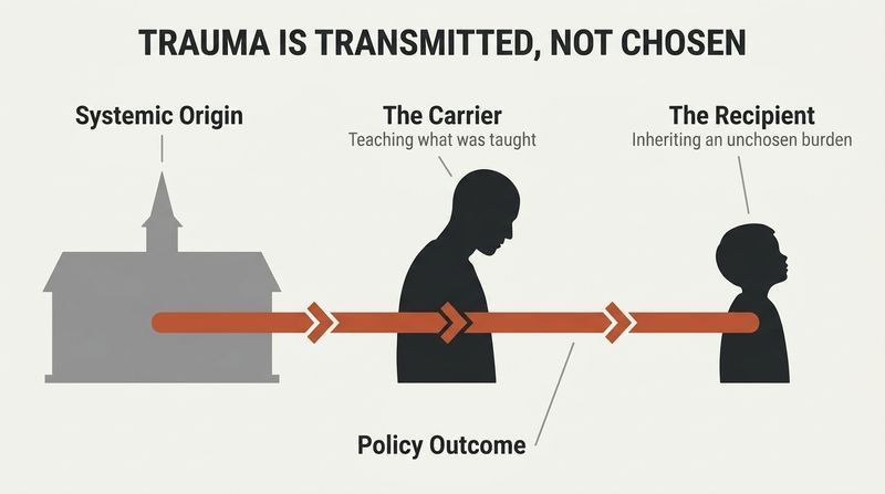 Transmission chain diagram showing institutional trauma passing as a terracotta line through a parent silhouette to a child.