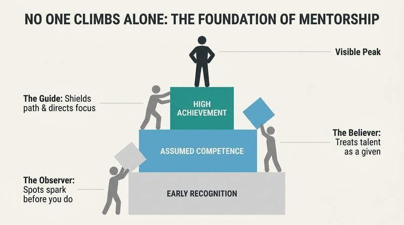 Stacked pyramid diagram showing a single high achiever at the peak supported by three distinct mentors holding up the structural blocks below him.
