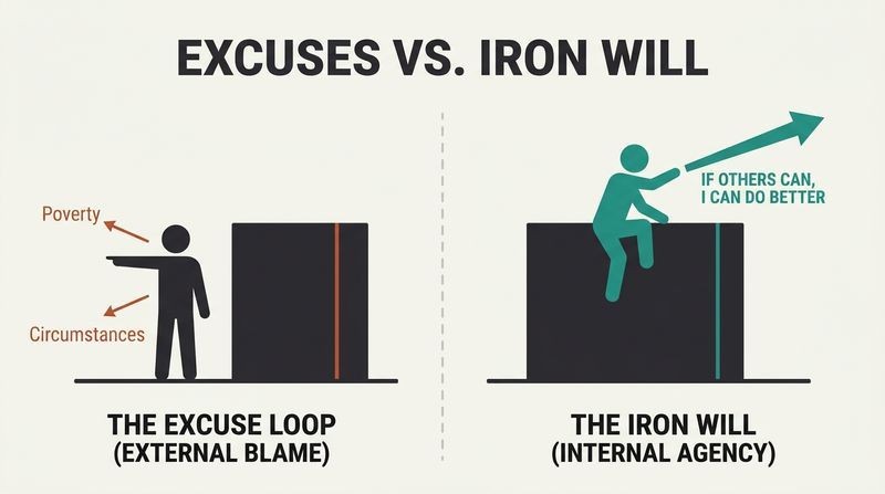 Split-panel diagram showing one figure trapped by excuses pointing at a wall, while another figure climbs over the wall fueled by internal resolve.