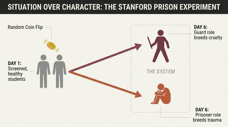 Forked timeline diagram showing how a random coin flip split identical college students into brutal guards and broken prisoners in six days.
