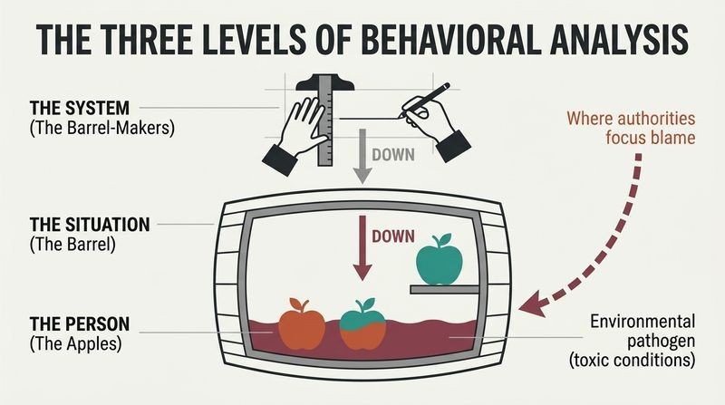 Layered diagram showing the System as top-level hands designing a toxic Barrel (Situation), which corrupts the Apples (Persons) inside, while a blame arrow points only to the rotten apple.