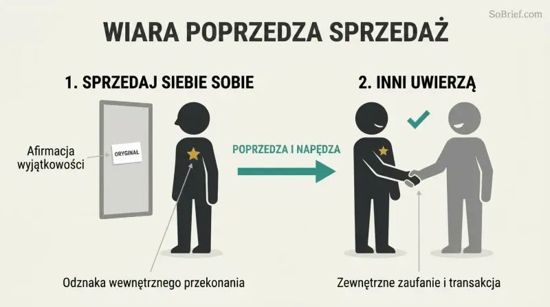 A two-step timeline diagram showing a person building internal self-belief in a mirror on the left, which precedes and enables a successful handshake with a buyer on the right.