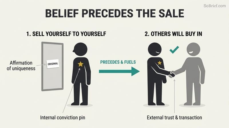 A two-step timeline diagram showing a person building internal self-belief in a mirror on the left, which precedes and enables a successful handshake with a buyer on the right.