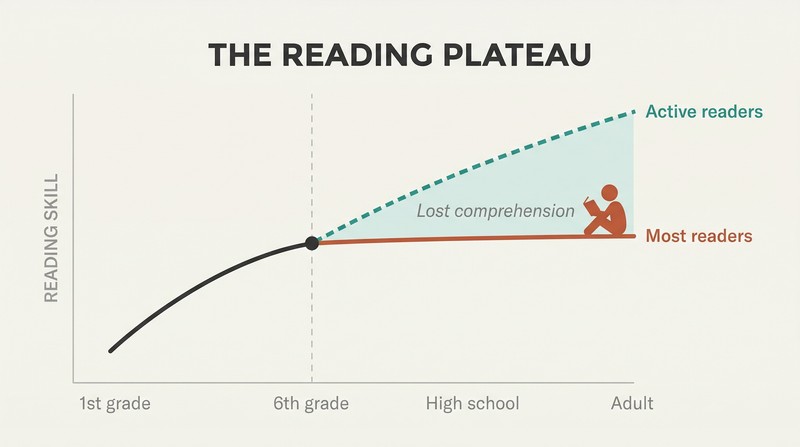 Line graph showing reading skill rising through elementary school then splitting into a flat plateau for most readers versus continued growth for active readers.