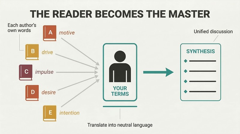 Convergence diagram showing multiple books with different terminology being funneled through a central reader figure into a unified neutral framework.