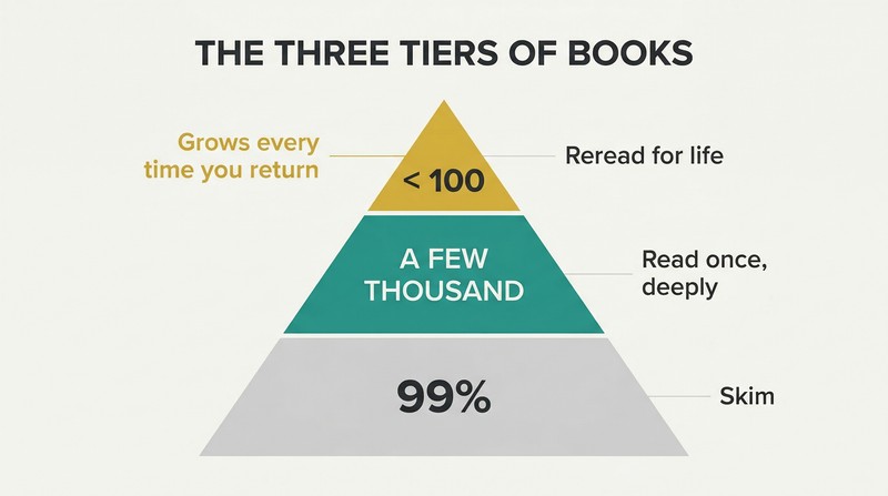 Three-tier pyramid showing most books at the wide base for skimming, a narrow middle band for analytical reading, and a tiny gold apex for the fewer than one hundred inexhaustible books worth rereading for life.