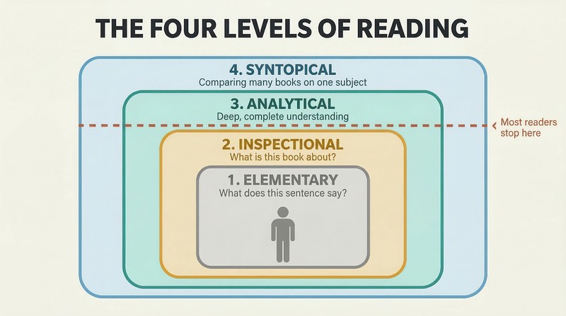 Four concentric nested rectangles representing cumulative reading levels, with a dashed line between levels two and three showing where most readers stop.