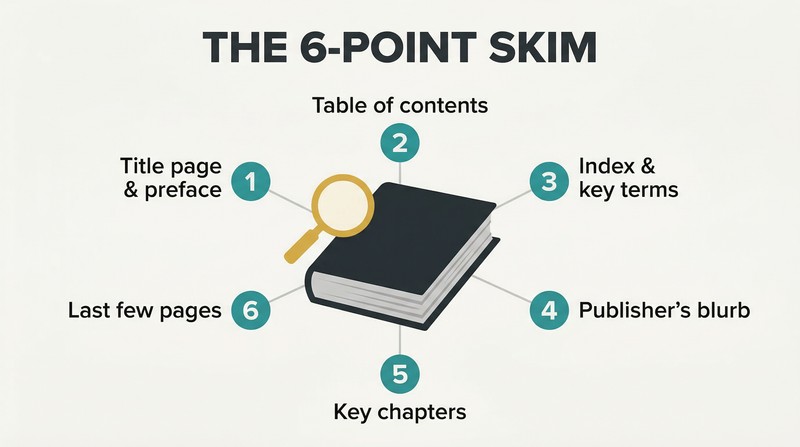 A book at center surrounded by six numbered inspection points showing strategic locations to skim before committing to a full read.