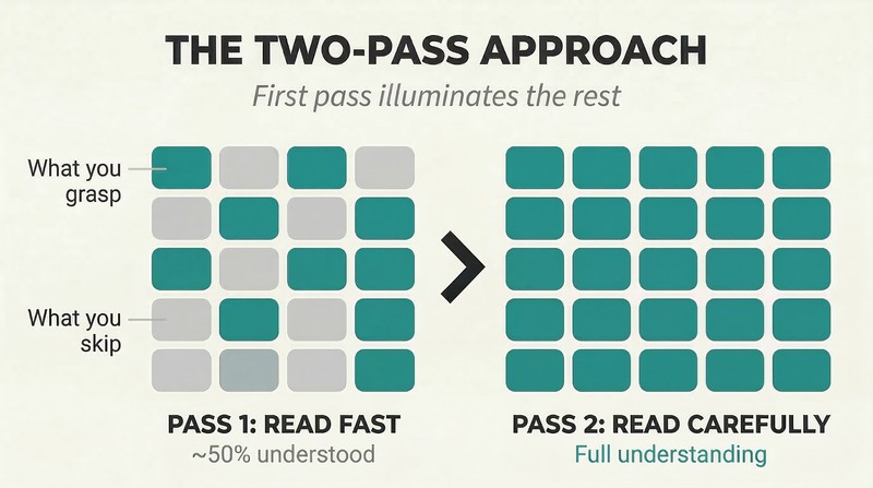 Two grids of content blocks side by side showing how a fast first read illuminates half the material, enabling a second read to complete full understanding.