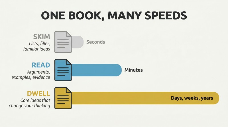 Three horizontal bars of dramatically different lengths showing how skim-worthy passages take seconds while deep passages demand days or weeks of reading time.